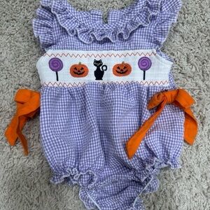 Boutique smocked Purple and Orange Halloween bubble